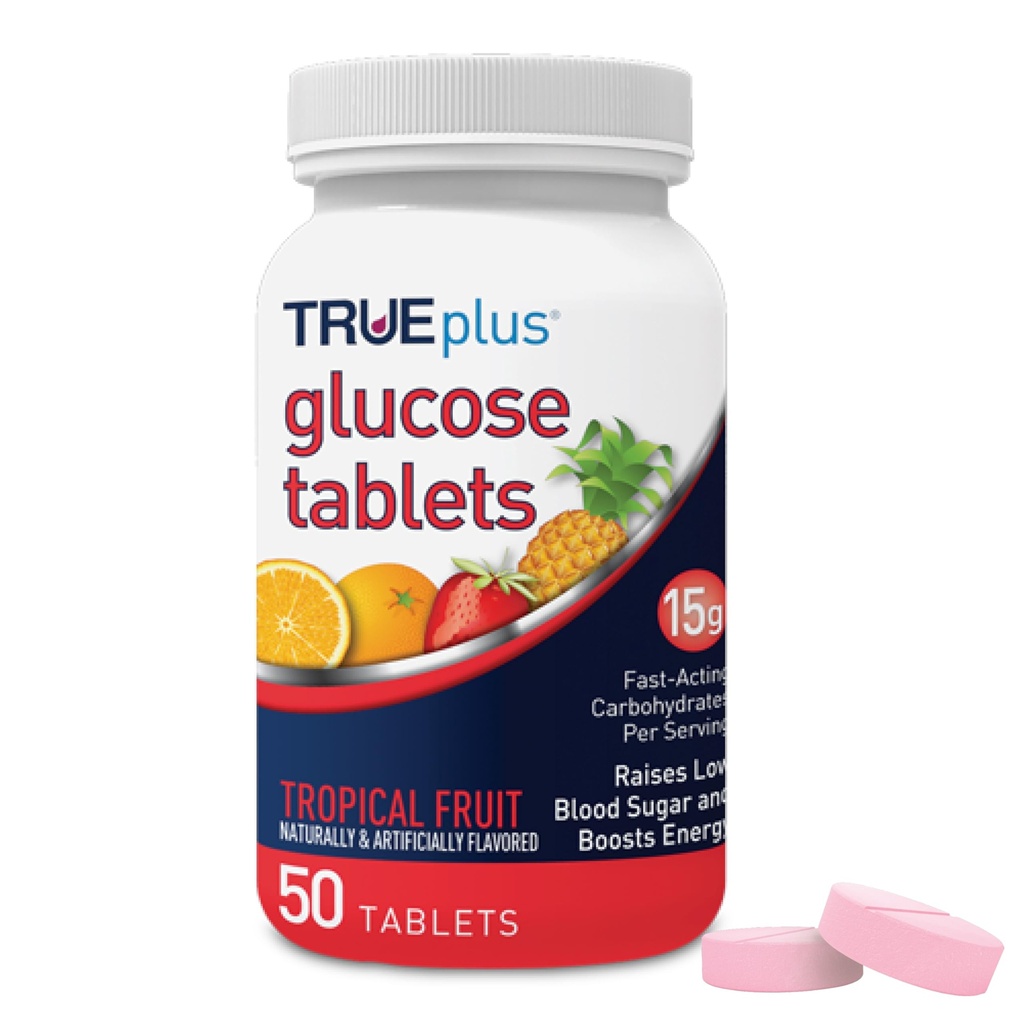 TRUEplus® δισκία γλυκόζης, τροπική γεύση φρούτων - 50ct φιάλη
