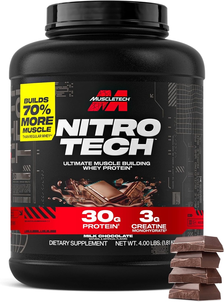 Muscletech Whey Protein Powder (Σοκολάτα γάλακτος, 4 Λίρες) - Nitro-Tech Ultimate Muscle Building Formula with Whey Protein Isolate - 30g πρωτεΐνη, 3g Creatine & 6,8g BCAA - Συσκευασία Μαΐου Vary