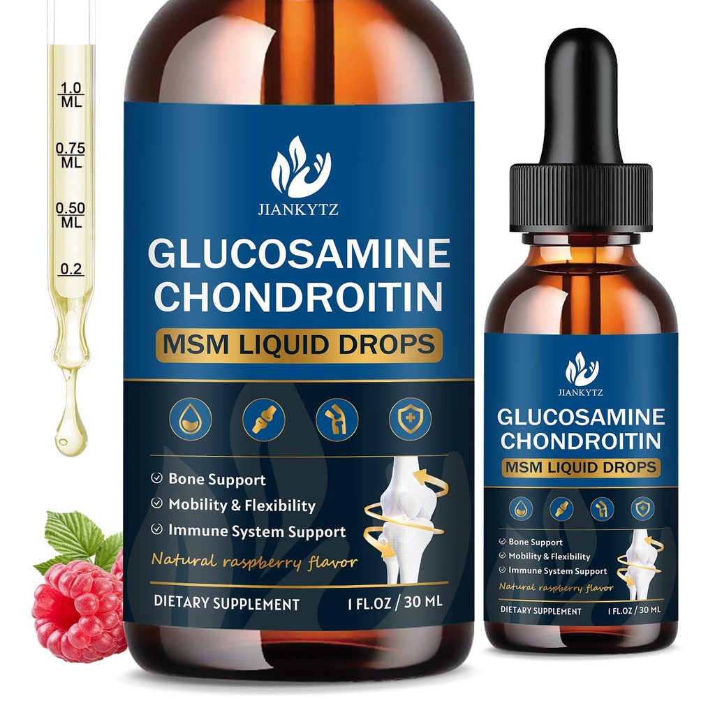 (2 Pack) Glucosamine Chondroitin MSM Liquid Drops, High Absorption, Antioxidant, Immune, Bone Support, MSM Supplement for Men & Women, Vegan, Sugar-Free, Raspberry Flavor, 1 Fl Oz