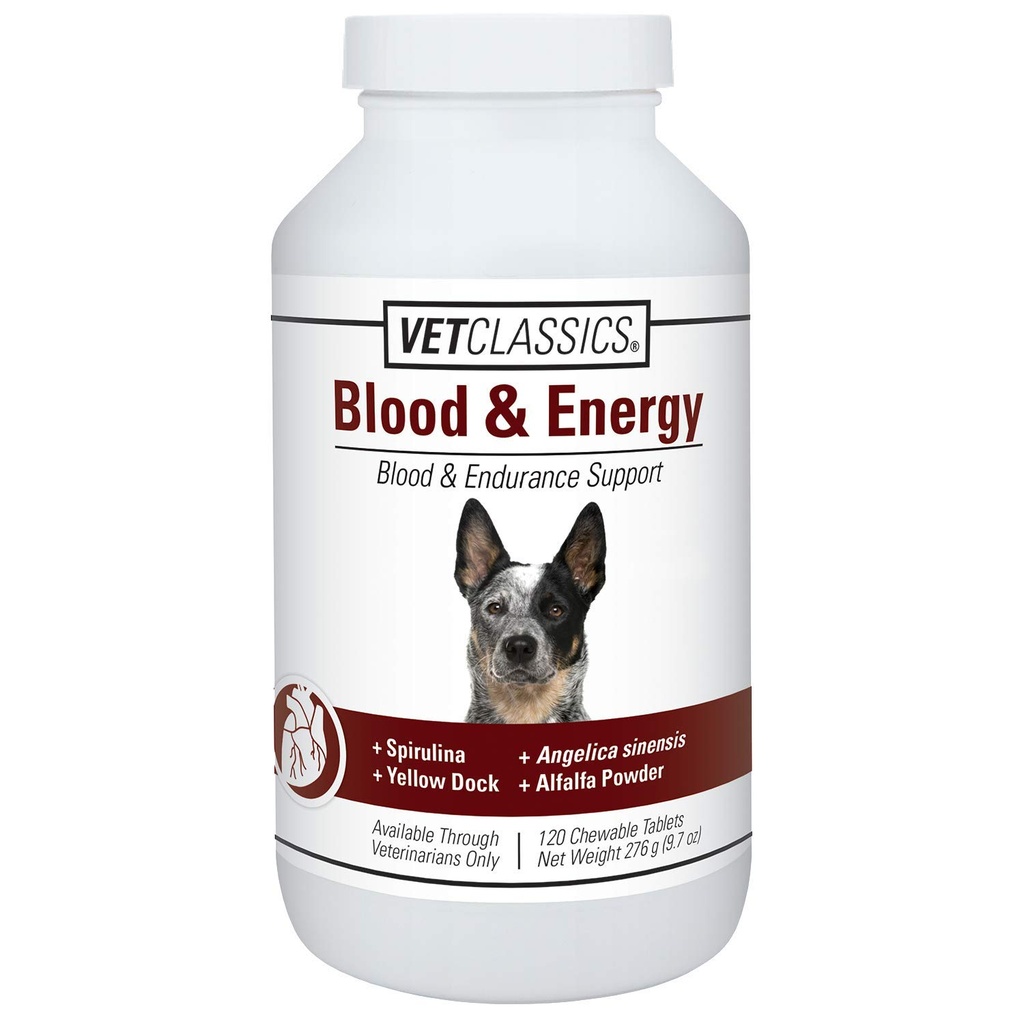 Vet Classics Blood & Energy Support for Dogs, υποστηρίζει την αντοχή με Spirulina, Κίτρινη προβλήτα, & Alfalfa Υποστήριξη Σχηματισμός Αιμοσφαιρίνης και Μυοσφαιρίνης, 120 Μασώμενα δισκία