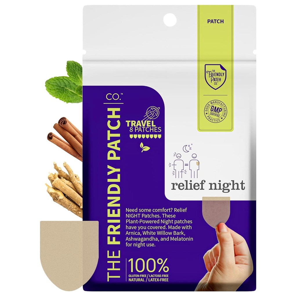 Relief Night Patch - 8 Pack Arnica, White Willow Bark, Μελατονίνη, Ashwagandha για Soreness για μπαλώματα ύπνου για γυναίκες και άνδρες