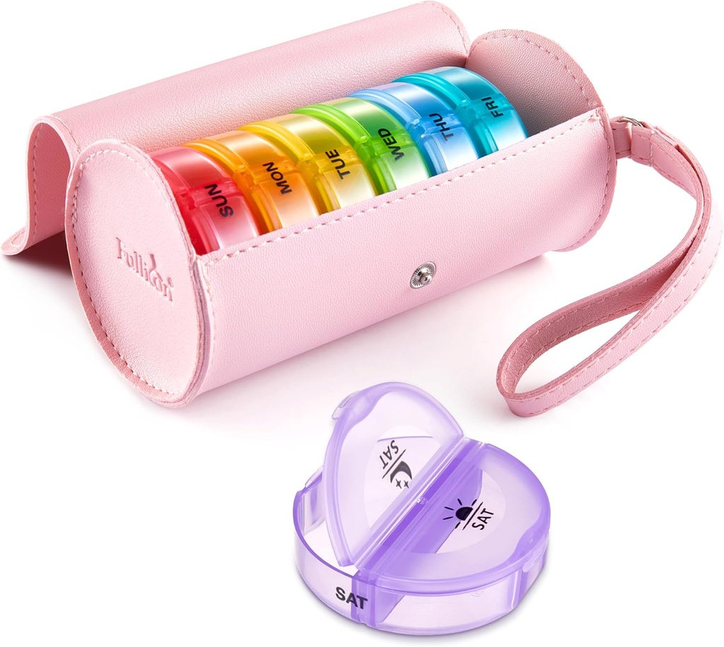 Fullicon PU Case Weekly Pill Box Organiser 2 Times A Day, Travel 7 Day Pill Boxes, Portable Tablet Organiser for Medicine, Medication, Vitamin, Fish Oil Supplements (Pink/Rainbow)