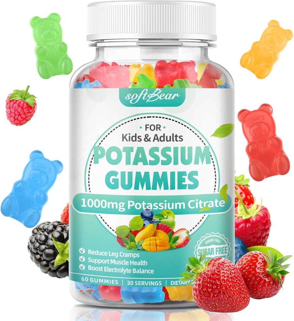 softbear Κάλιο Citrate Gummies, Υψηλής ισχύος Κάλιο Citrate 1000mg Υποστήριξη Πόδι Cramps & μυϊκή υγεία Κάλιο Gummies για ενήλικες & παιδιά μικτή γεύση φρούτων 60 Count