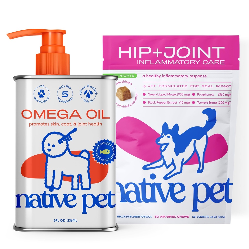 Native Pet Omega Oil for Dogs 8 Oz - Fish Oil Συμπληρώματα & Ανακούφιση - Αντιφλεγμονώδες Μασούσες για Σκύλους - 60 Chews - Αρθρίτιδα Συμπλήρωμα & Κοινή ανακούφιση του πόνου