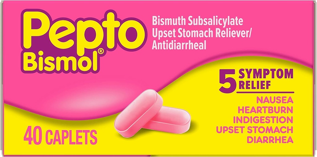 Pepto Bismol Caplets for Nausea, Heartburn, Indigestion, Upset Stomach, and Diarrhea, 5 Symptom Fast Relief in a Convenient Form, 40 ct
