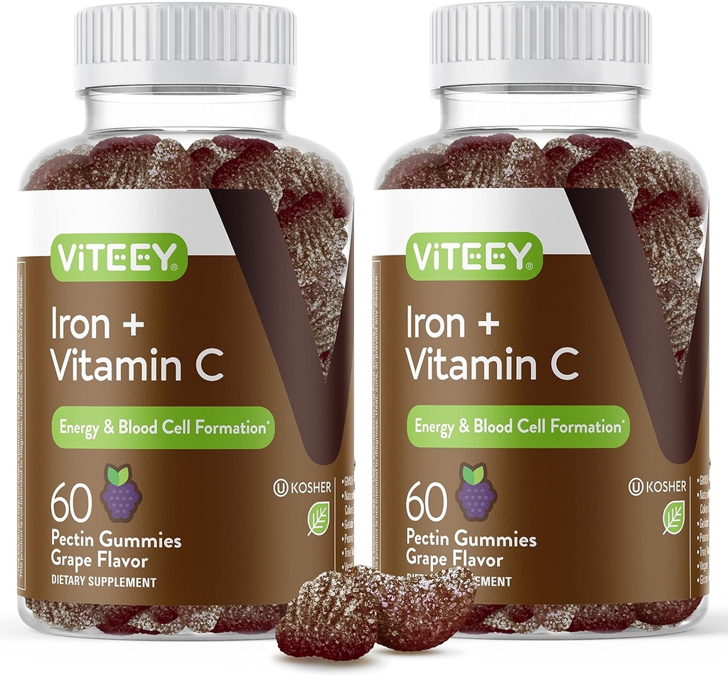 VITEEY Iron Gummies - Iron with Vitamin C - Energy, Bood Support and Anemia Supplement for Women & Men - Vegan, Gluten Free - 120 Count