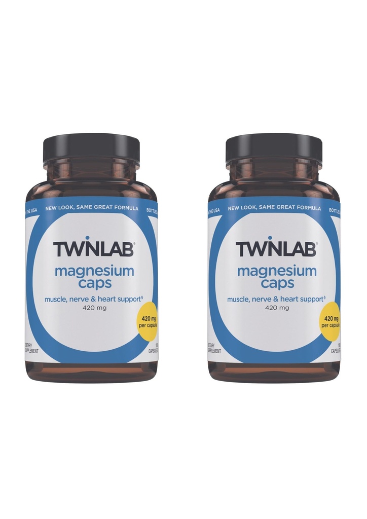 Twinlab Καπάκια Μαγνησίου - Υψηλή Απορρόφηση Συμπλήρωμα Μαγνησίου για ανάγλυφο των ποδιών - Κάψουλες Μαγνησίου για ανακούφιση από το στρες, 420 mg, 100 Count, 2 Pack
