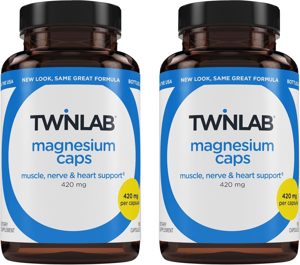 Twinlab Magnesium Caps - High Absorption Magnesium Supplement to Support Leg Cramps Relief - Magnesium Capsules for Stress Relief, 420 mg, 100 Count, 2 Pack