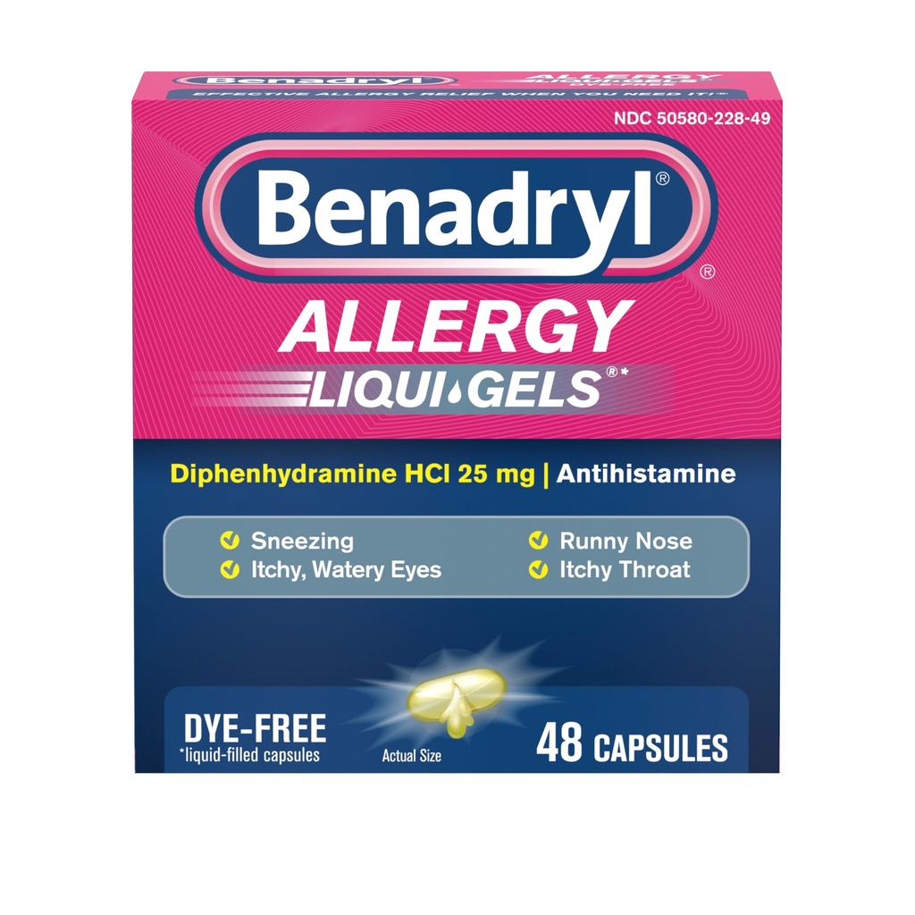 Benadryl Liqui- Gels Αντιισταμινική Αλλεργία Ιατρική & Ψυχρό Συμπτώματα Ανακούφιση, Βαφή- Δωρεάν Υγρά Τζελ με 25 mg διφαινυδραμίνη HCl για συμπτώματα όπως, Runny μύτη, Φτάρνισμα & More, 48 ct