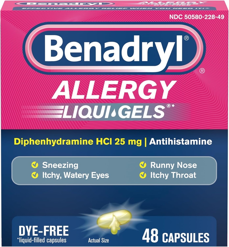 Benadryl Liqui-Gels Antihistamine Allergy Medicine & Cold Symptom Relief, Dye-Free Liquid Gels with 25 mg of Diphenhydramine HCl for Symptoms Such As, Runny Nose, Sneezing & More, 48 ct