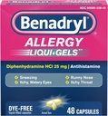 Benadryl Liqui- Gels Αντιισταμινική Αλλεργία Ιατρική & Ψυχρό Συμπτώματα Ανακούφιση, Βαφή- Δωρεάν Υγρά Τζελ με 25 mg διφαινυδραμίνη HCl για συμπτώματα όπως, Runny μύτη, Φτάρνισμα & More, 48 ct