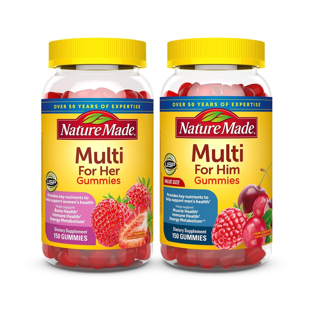 Nature Made Multivitamin Gummies Combo Pack για Αυτόν & Αυτής, Νόστιμες Άνδρες & Γυναίκες Πολυβιταμίνη με Βιταμίνη C, Βιταμίνη D3, Β Βιταμίνες, Ψευδάργυρος & Περισσότερα, Δύο Πολυβιταμίνες Μπουκάλια