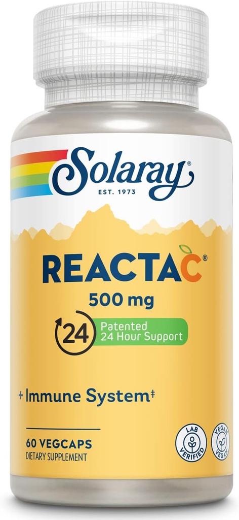 SOLARAY Reacta-C με βιταμίνη C 500mg - 200mg Bioflavonoid Πυκνό, Ανοσοποιητική Άμυνα Βιταμίνες - Πατενταρισμένο 24 ώρες ανοσοποιητική υποστήριξη συμπλήρωμα - Vegan - 60 κάψουλες, 60 σερβιέτες