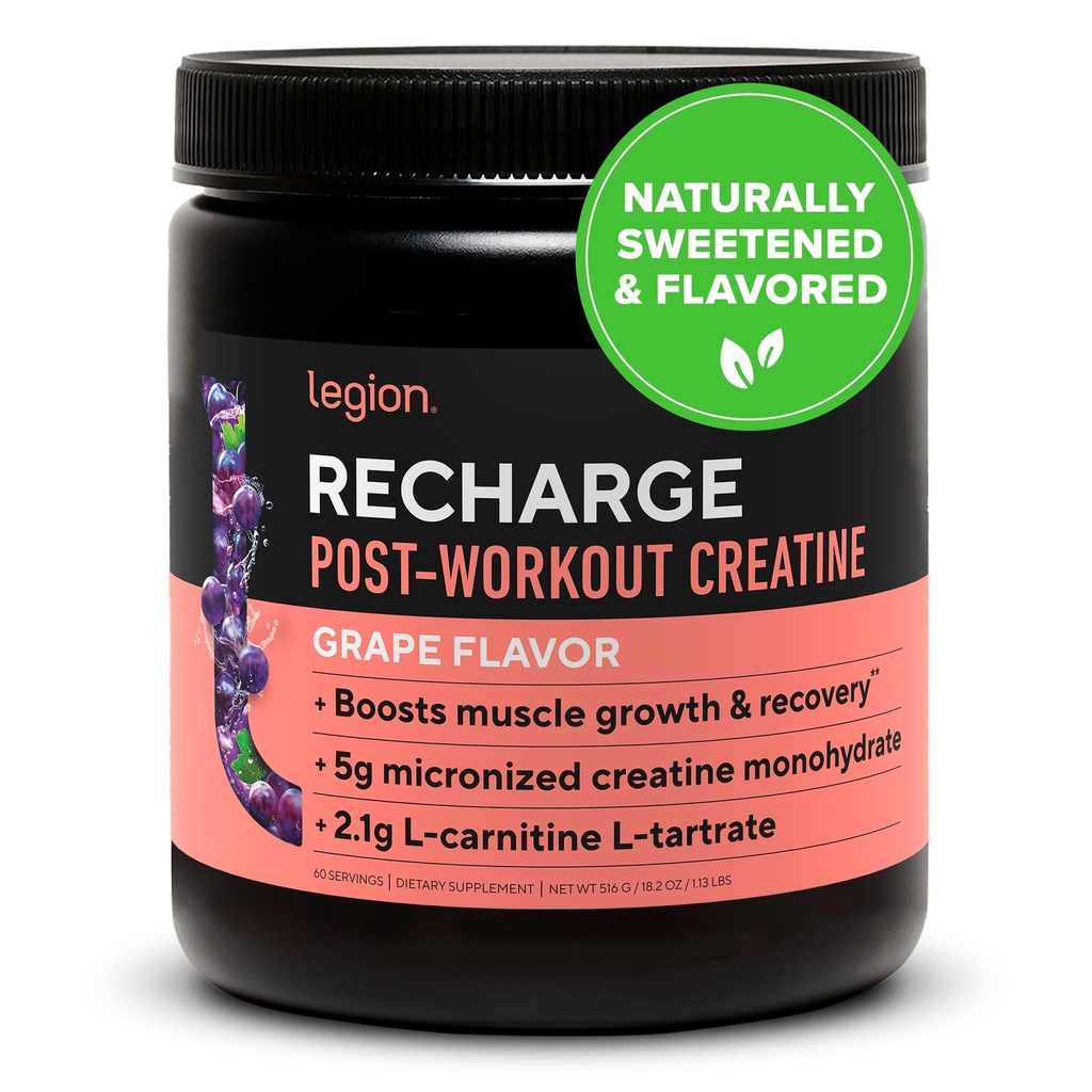 LEGION Recharge Post Workout Supplement - All Natural Muscle Builder & Recovery Drink with Micronized Creatine Monohydrate. Naturally Sweetened & Flavored, Safe & Healthy. (Grape, 60 Serving)