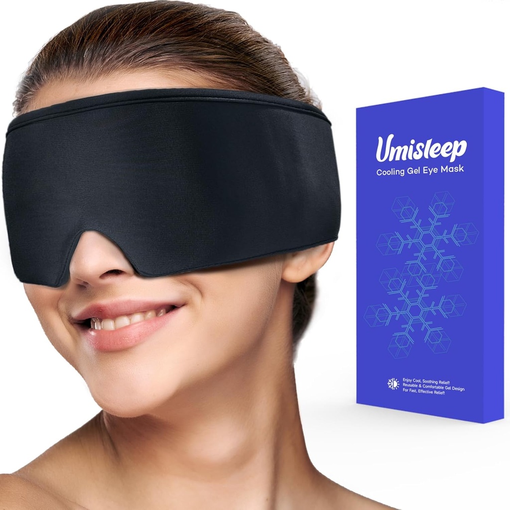 Umisleep Cooling Eye Mask, Soft Cold Sleep Mask for Dry Eyes, Reusable Gel Eye Cover Ice Pack, Cold Compress Therapy, Stye Eye Treatment, Headache, Dark Circles, Puffy Eyes, Migraines Relief, Black
