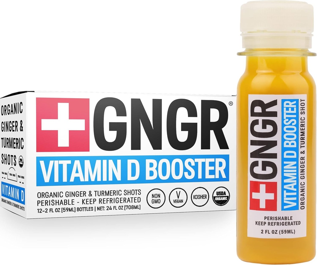 +GNGR Vitamin D Booster – Tropical Immunity Booster Edition Κρύο-Pressed Ginger Shot με ανανά, Πάθος Φρούτα, Πορτοκαλί, Κουρκουμάς & Βιταμίνη D3. Mood, Ανοσία & Ενέργεια. 2 fl oz (Pack of 12)