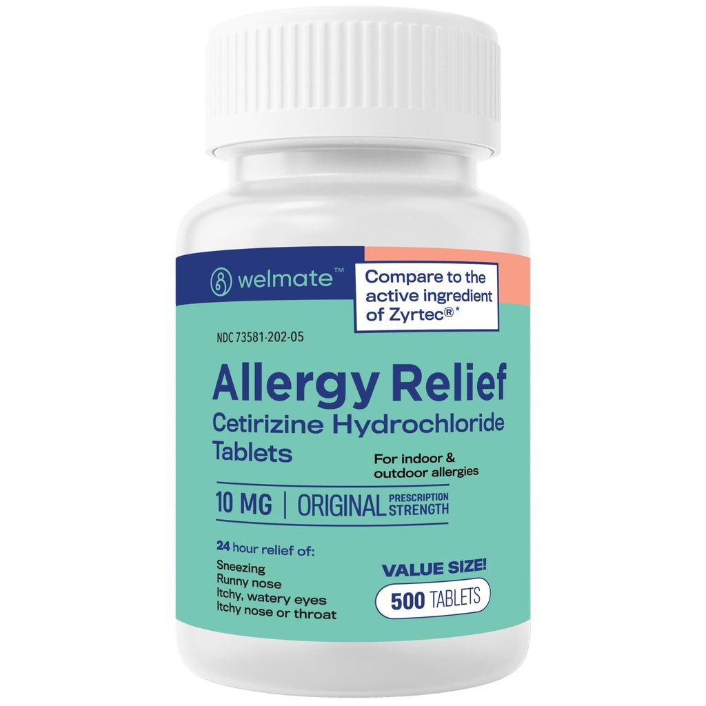 WELMATE - Αλλεργία Ανακούφιση - Cetirizine HCl 10 mg - 24 ώρες Αντιισταμινικό - Μη υπνηλία - Φτάρνισμα - Ρύζι - Ίτσι Μάτια & Λαρύγγι - Δισκία Περιήγησης Εσωτερικής & Εξωτερικής Αλλεργίας - 500 δισκία