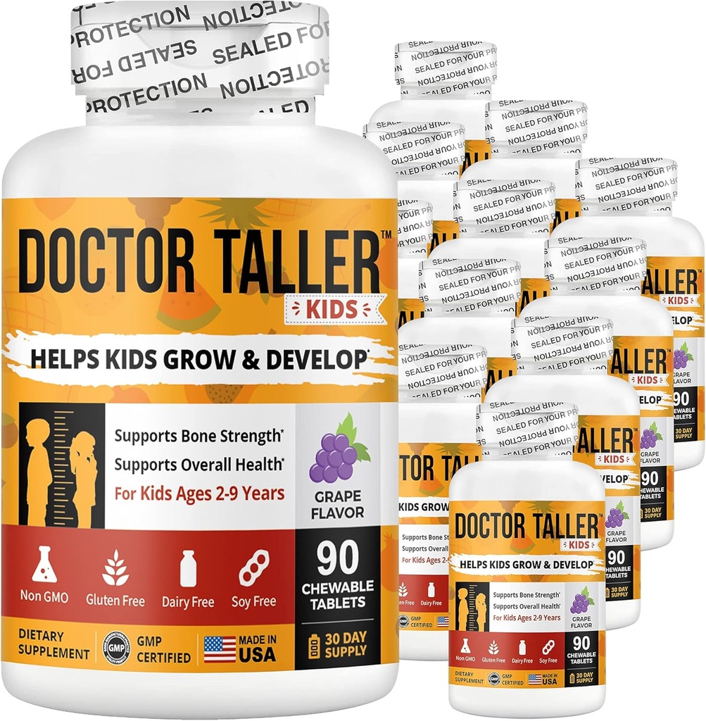NuBest Doctor Taller Kids - Υποστήριξη της αντοχής των οστών με πολυβιταμίνες, Multiminerals, Ασβέστιο - Premium Formula για ηλικίες 2 έως 9 - Grape Flavor - 12 Pack 