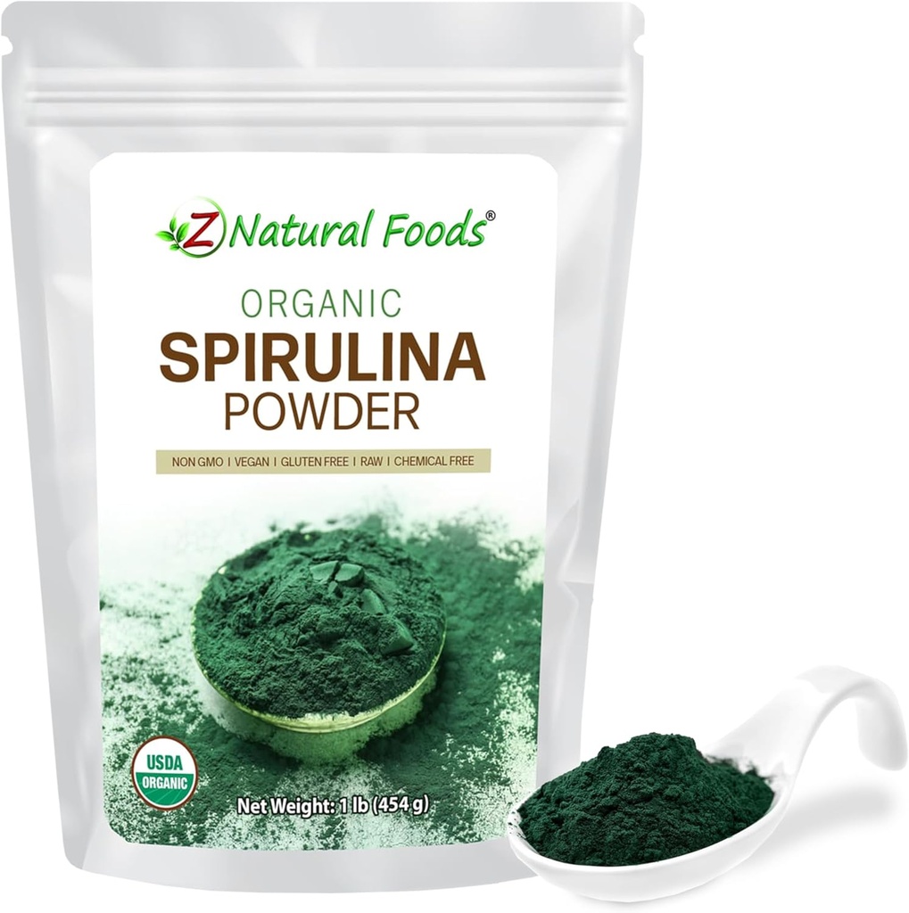 Z Natural Foods Βιολογική σκόνη Spirulina - 100% Pure Spirulina, Nutrient-Dense Blue-Green Algae Superfood με Αμινοξέα, 15x Beta-Carotene - Mix in Smoothies, Γιαούρτι, Συνταγές, 1 lb