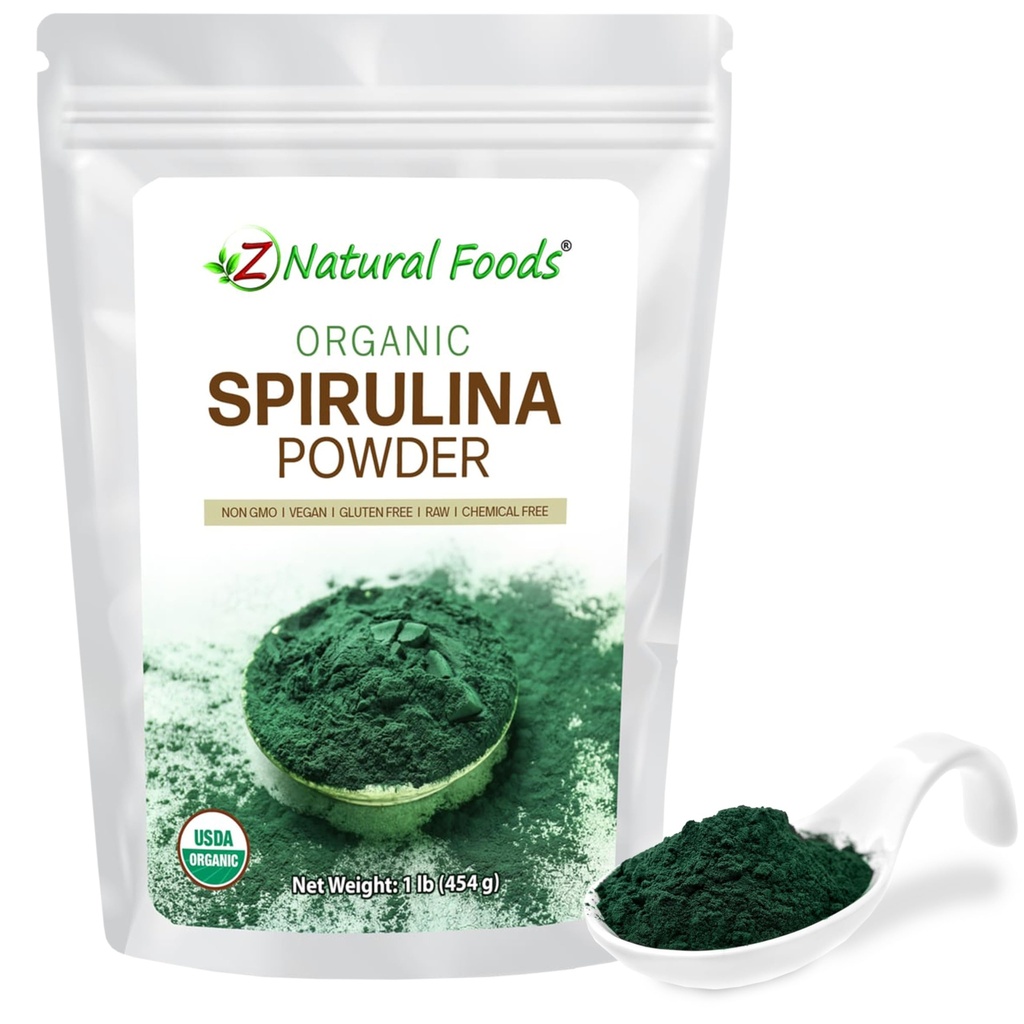 Z Natural Foods Βιολογική σκόνη Spirulina - 100% Pure Spirulina, Nutrient-Dense Blue-Green Algae Superfood με Αμινοξέα, 15x Beta-Carotene - Mix in Smoothies, Γιαούρτι, Συνταγές, 1 lb