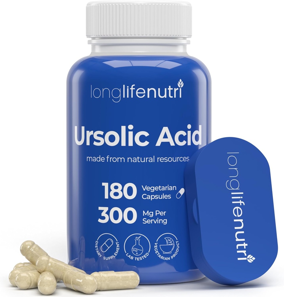 LongLifeNutri Ursolic Acid 300mg - προέρχεται από το εκχύλισμα φύλλων δεντρολίβανο, 180 κάψουλες χορτοφάγων, οργανικό συμπλήρωμα για την ανάπτυξη των μυών & την αποκατάσταση, 2-μηνη προμήθεια, εργαστήριο δοκιμαστεί, GMP πιστοποιημένο, Κατασκευασμένο στις ΗΠΑ