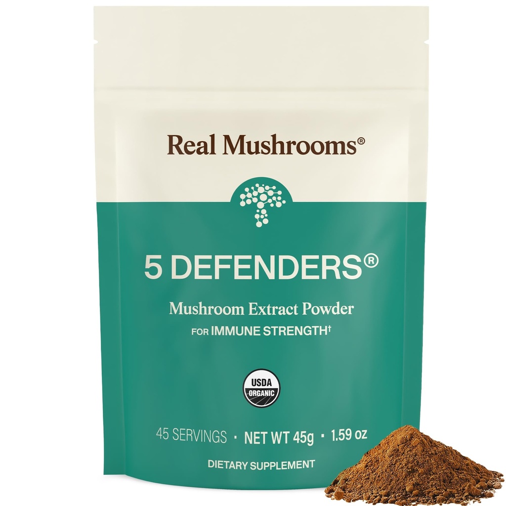 Real Mushrooms 5 Defenders Mushroom Complex - Λειτουργικό Mushrooms Extract από Chaga, Shiitake, Maitake, Reishi, Turkey Tail Mushroom Blend για την υποστήριξη της ευεξίας με Beta Glucans - 45 εξυπηρετεί