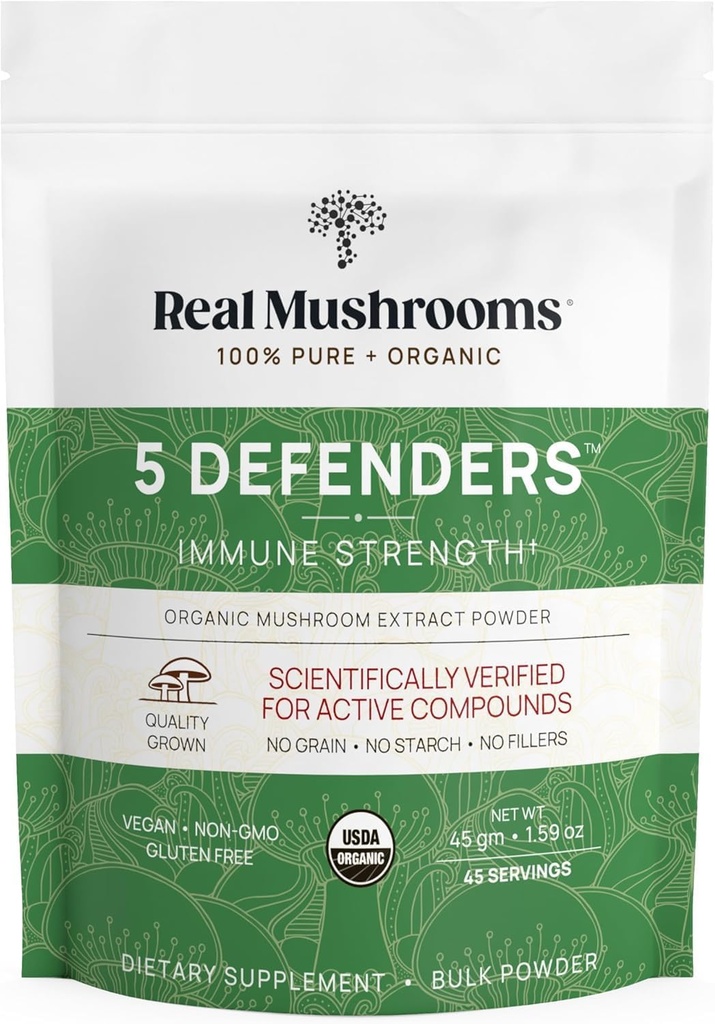 Real Mushrooms 5 Defenders Mushroom Complex - Functional Mushrooms Extract from Chaga, Shiitake, Maitake, Reishi, Turkey Tail Mushroom Blend for Wellness Support with Beta Glucans - 45 Servings