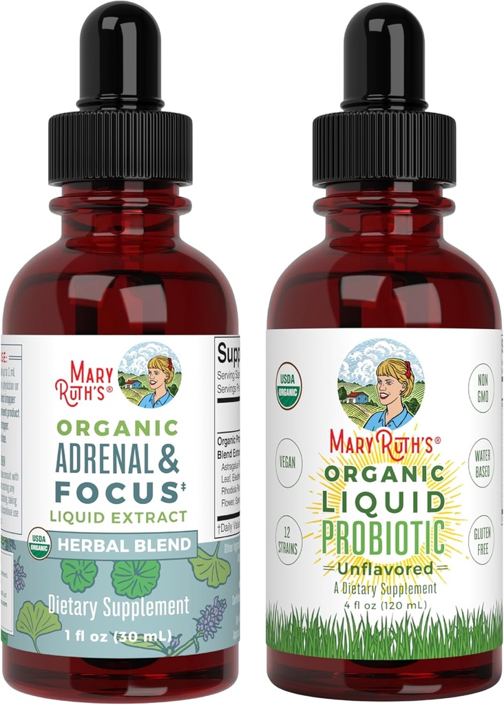 MaryRuth Organics Probiotic Supplement for Women Kids & Adrenal Health & Focus Supplement, 2-Pack Bundle, Digestive & Gut Health, Cortisol Health, Stress Relief, Focus Nootropic Brain Supplement