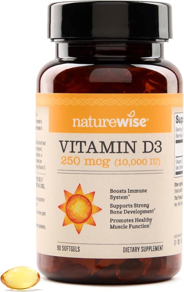 NatureWise Vitamin D3 10.000IU (250 mcg) 90-Day Supply - Υψηλή Ικανότητα για Υγιεινή Ανοσολογική Υποστήριξη & Μυική Λειτουργία, Μη ΓΤΟ, Χωρίς Γλουτένη σε Βιολογικό Επιπλέον Παρθένο Ελαιόλαδο, (Mini Softgel), 90 Count