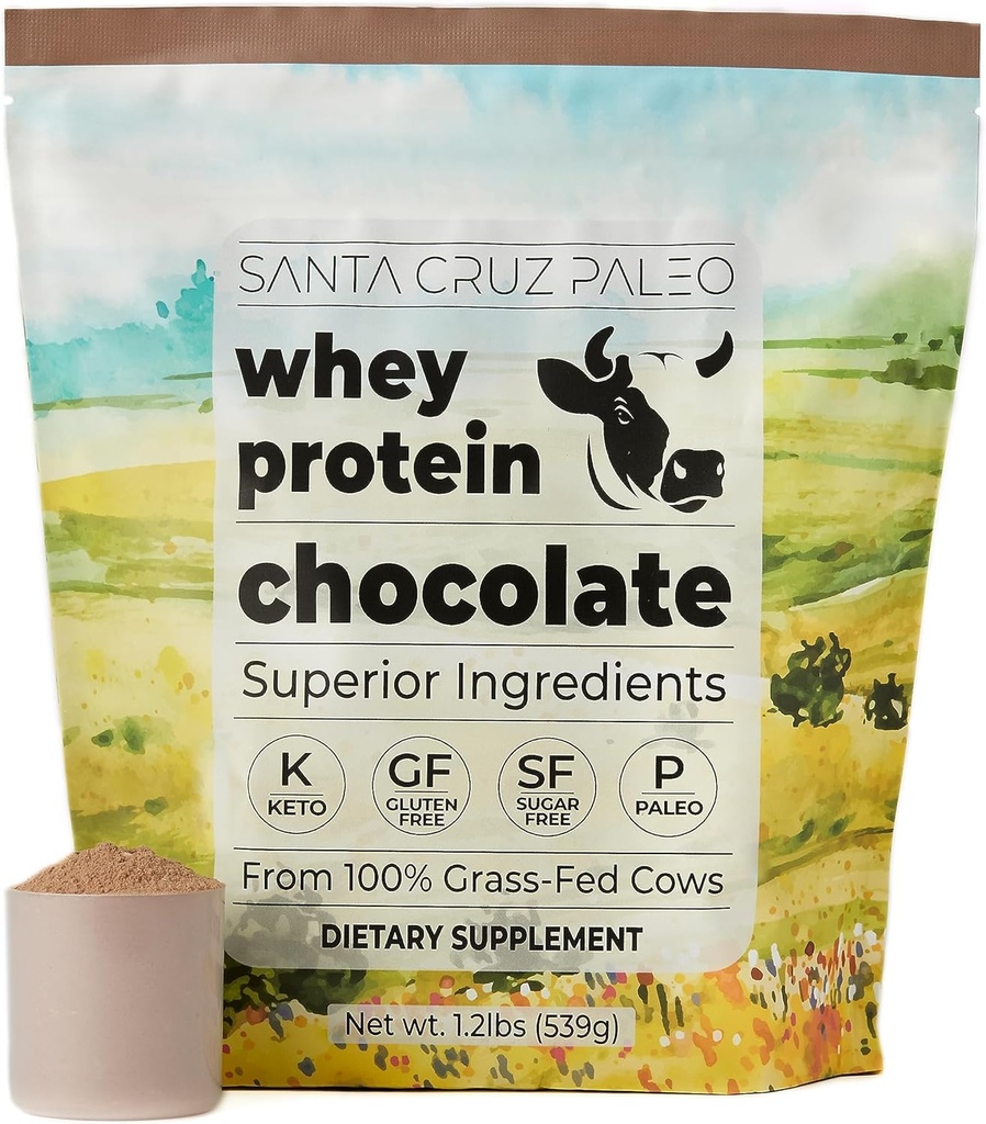 Santa Cruz Paleo Whey Protein Powder, Chocolate Flavor, 20 G Grass Fed Whey Protein Isolate Per Serving, Gluten Free, Paleo & Keto Friendly, No Sugar Added, Protein Shake Mix, 20 Servings, 1,2 lb Τσάντα