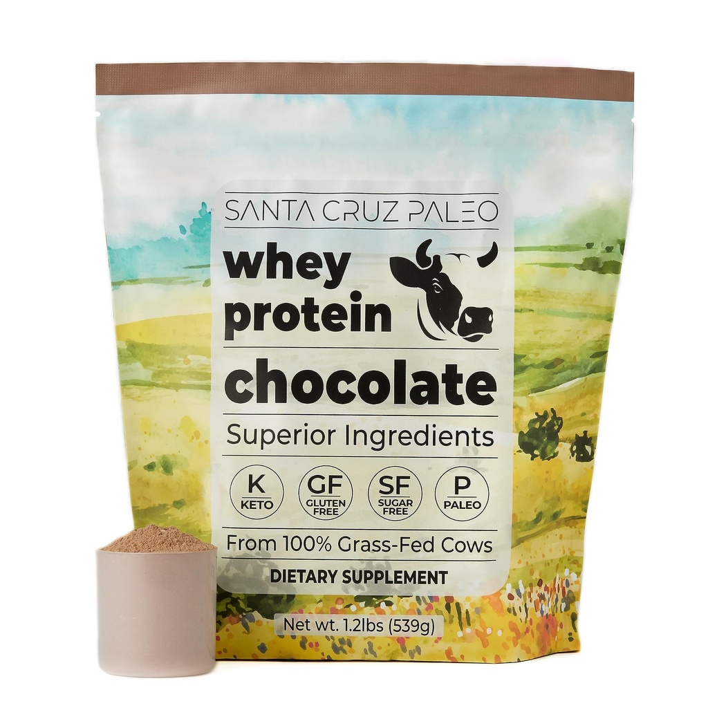 Santa Cruz Paleo Whey Protein Powder, Chocolate Flavor, 20 G Grass Fed Whey Protein Isolate Per Serving, Gluten Free, Paleo & Keto Friendly, No Sugar Added, Protein Shake Mix, 20 Servings, 1,2 lb Τσάντα