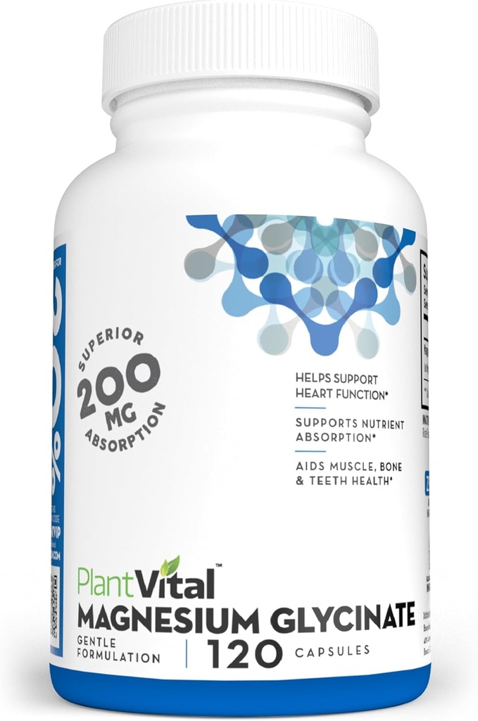 PlantVital Magnesium Glycinate 200mg 120 Κάψουλες - Υψηλή Απορρόφηση, Μη ΓΤΟ, Vegan, Gluten-free - Υποστηρίζει φυσιολογικό ύπνο, μυών & νεύρων λειτουργία, κανονική καρδιά & υγεία των οστών, Βοήθεια αίσθηση ηρεμίας & χαλάρωσης