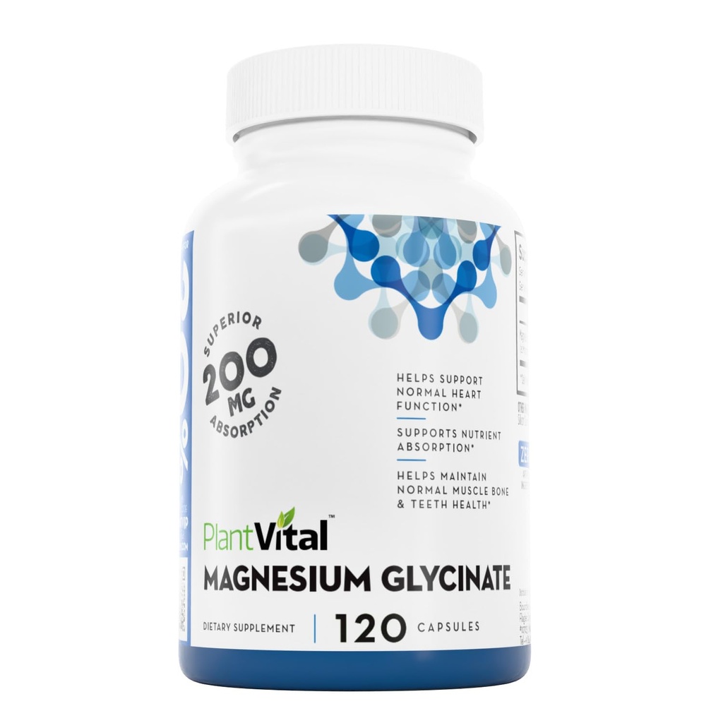 PlantVital Magnesium Glycinate 200mg 120 Κάψουλες - Υψηλή Απορρόφηση, Μη ΓΤΟ, Vegan, Gluten-free - Υποστηρίζει φυσιολογικό ύπνο, μυών & νεύρων λειτουργία, κανονική καρδιά & υγεία των οστών, Βοήθεια αίσθηση ηρεμίας & χαλάρωσης