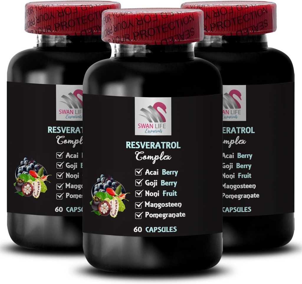 Berry Superfoods - RESVERATROL COMLEX - Acai Berry Boost, Goji Berry Shine, Felderberry Strength, Romegranate Energy, Grape Skin Power, Hydration Balance, Καθημερινή Υποστήριξη 3 Μπουκάλια 180 Κάψουλες