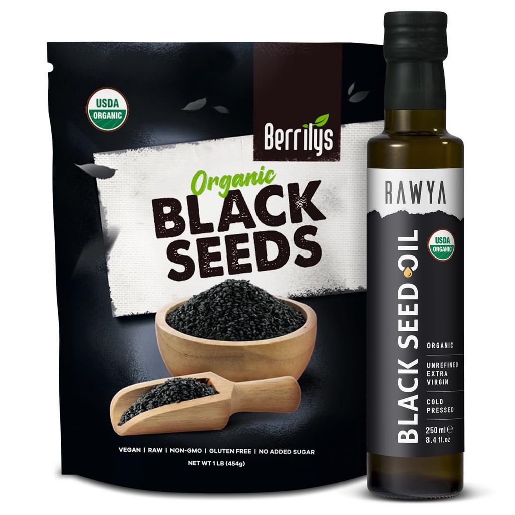 RAWYA Black Seeds + Black Seed Oil - USDA Organic Certified, Cold Pressed, Nigella Sativa, Cumin Seed Oil, Kalonji, Premium Quality, Υψηλή Thymoquinone, Pure & Natural, 8.4 Oz + 16 Oz Seeds