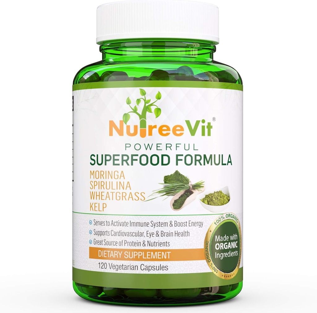 NutreeVit 100% Organic Powerful Superfood Formula - Ενισχυτικά χάπια του ανοσοποιητικού συστήματος με Moringa, Spirulina, Wheatgrass και Kelp - 90 Count Bottle