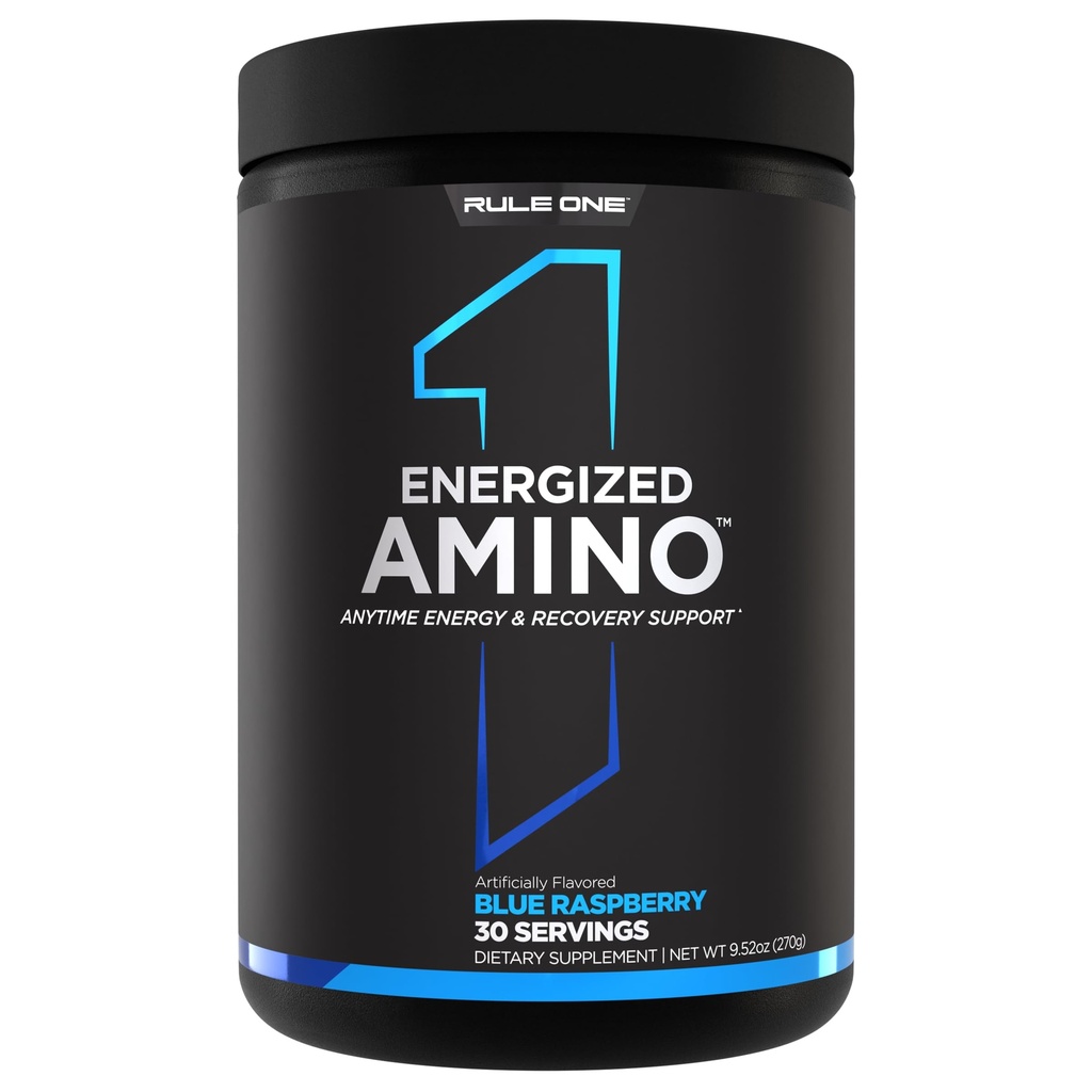 Rule 1 Proteins Energized Amino – Anytime Energy and Recovery Support with BCAAs, Glutamine, Citrulline, Beta Alanine, Caffeine from Green Coffee and Tea Leaf Extracts (Blue Raspberry, 30 Servings)