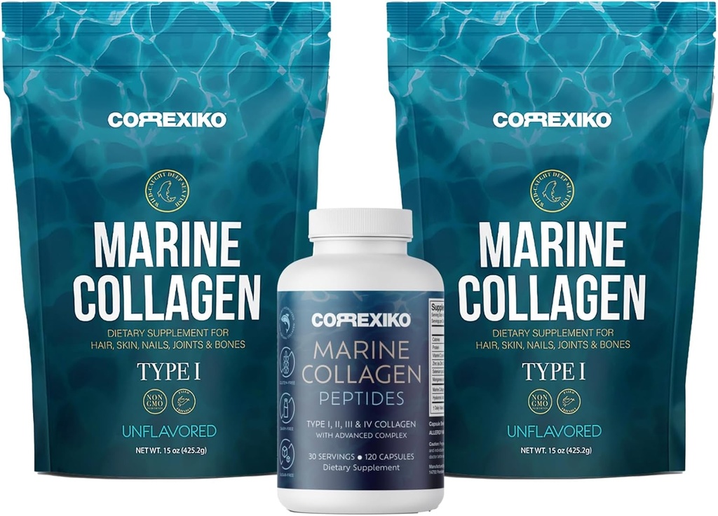 CORREXIKO 2X Σκόνη θαλάσσιου κολλαγόνου (15oz) & 1x Δέσμη θαλάσσιων καψακίων