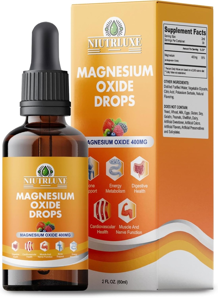 Liquid Magnesium Oxide 400mg Drops - Liquid Magnesium Oxide Supplement for Bone, Muscle, and Heart Health, Sublingual Magnesium Oxide, High Potency, Easy-to-Absorb, 60ml