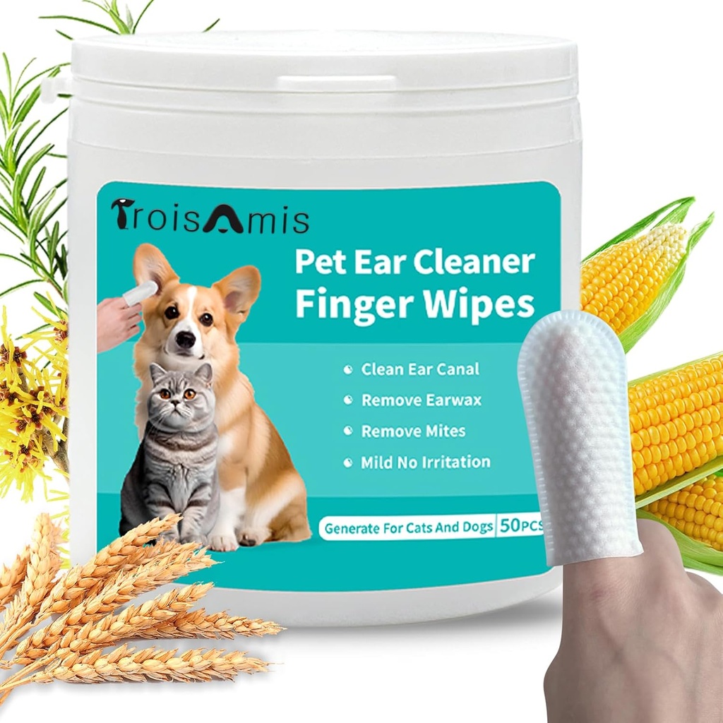 TroisAmis Pet Ear Cleaning Finger Wipes for Dog and Cat, Thick Dog Ear Cleaner Wipes with Gentle and Natural Ingredient, Remove Earwax, Debris-Sooth & Deodorize-Relive Ear Itch & Inflammation-50 Count