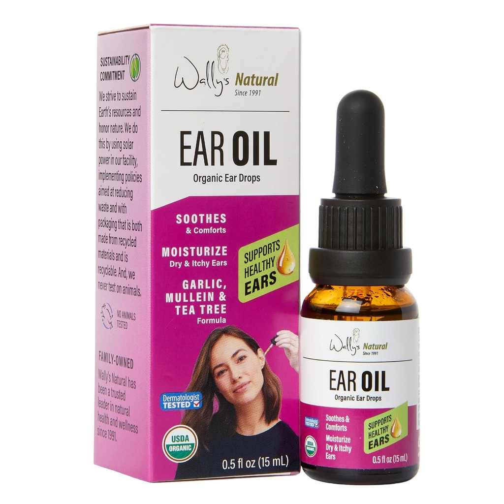 Wally's Natural Organic Ear Oil Drops for Adults, Comforts & Soothes Ears, Trusted Since 1991, Infused with Garlic, Mullein, Tea Tree & Echinacea, 0.5 Fl Oz