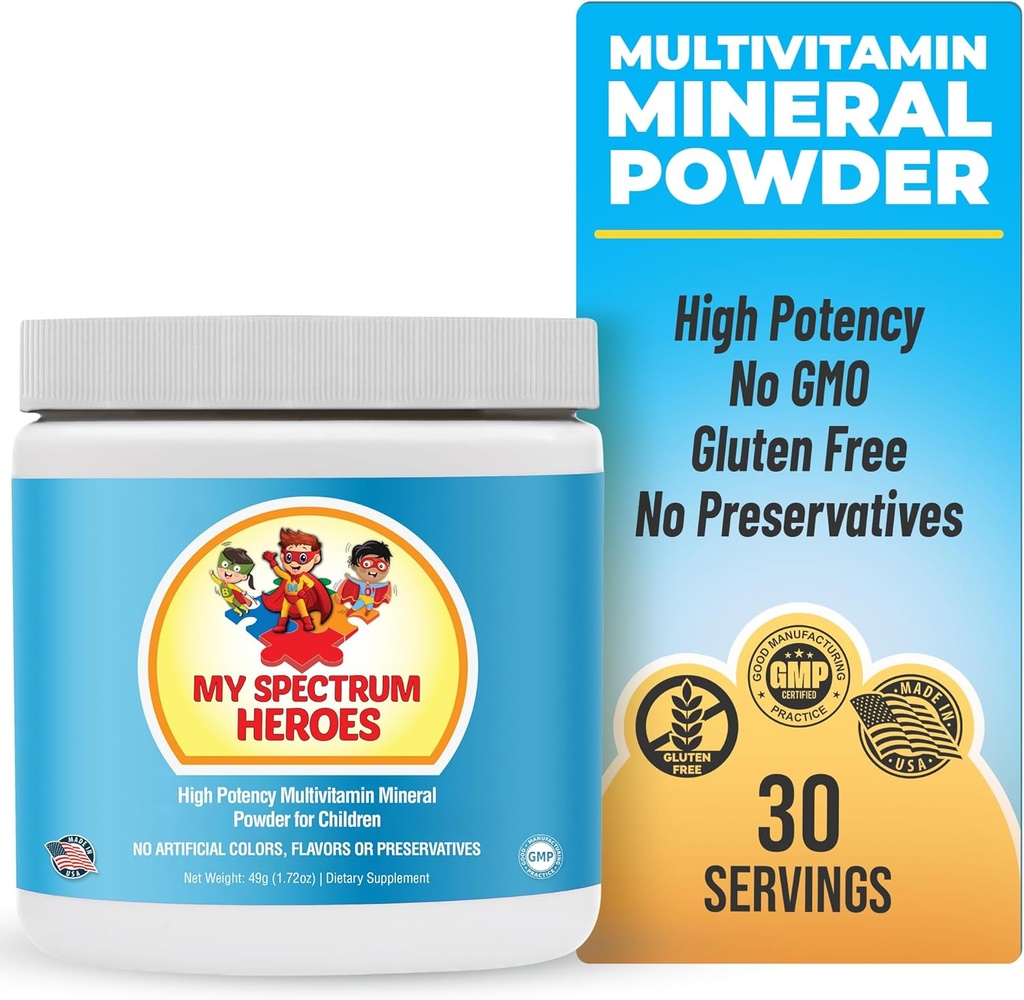 My Spectrum Heroes Kids Powder Multivitamin - συμπλήρωμα σκόνης, καλύτερη απορρόφηση, μη-GMO, μη-Gluten, χωρίς τεχνητά συστατικά - Νευρική βοήθεια για τα παιδιά στο φάσμα - 30 εξυπηρετήσεις