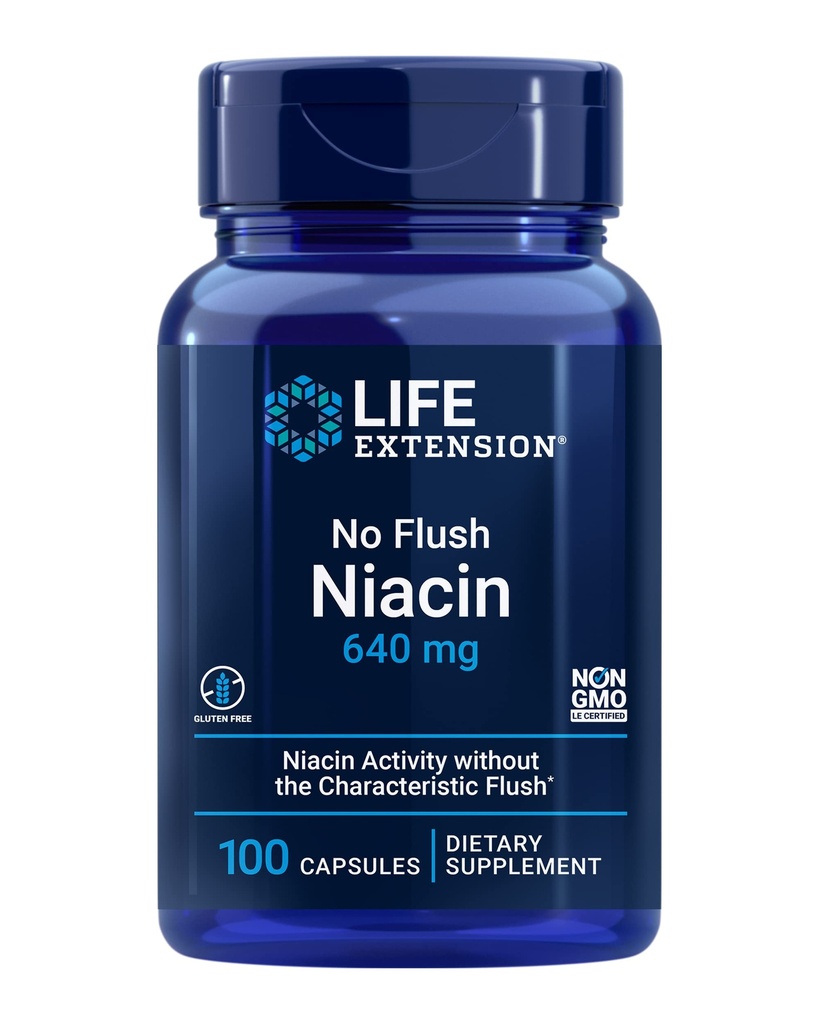 Life Extension No Flush Niacin, B3 for Heart Health, Cholesterol & Energy Support, Non-GMO, Gluten-Free, 100 Capsules
