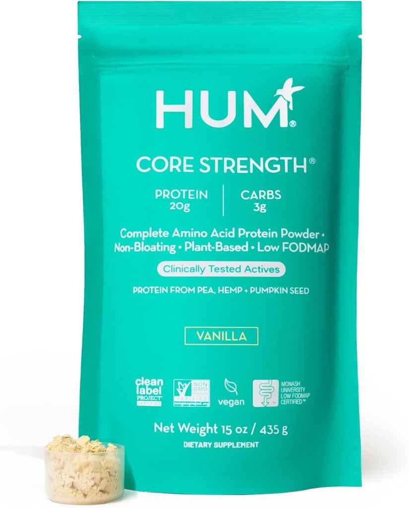 HUM Core Strength Vanilla Vegan Protein Powder, Χωρίς γλουτένη, με βάση το φυτό, 20g Protein per Serving, Amino Acids, Pea Hemp & Pumpkin Seed Proteins, Low Fodmap, Gut-Friendly, Easy to Digest, 15 Servers