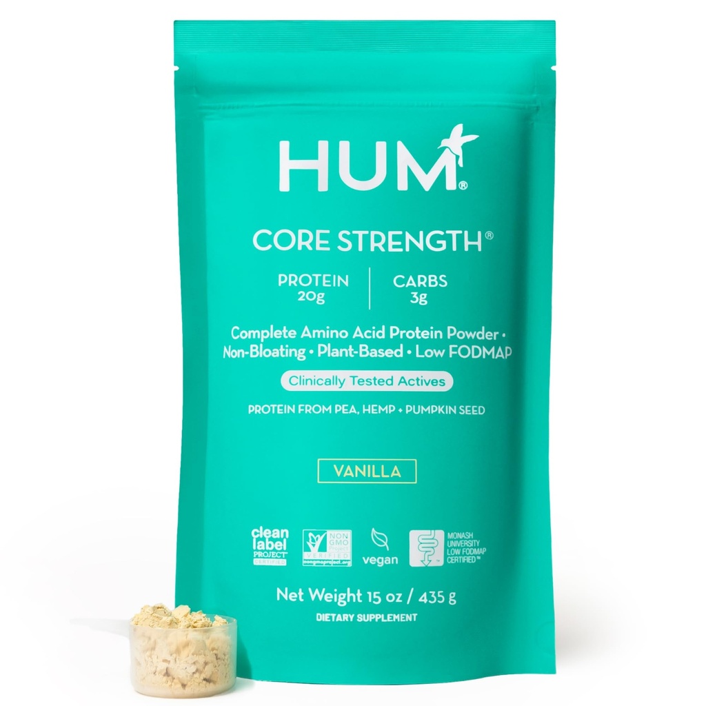 HUM Core Strength Vanilla Vegan Protein Powder, Χωρίς γλουτένη, με βάση το φυτό, 20g Protein per Serving, Amino Acids, Pea Hemp & Pumpkin Seed Proteins, Low Fodmap, Gut-Friendly, Easy to Digest, 15 Servers