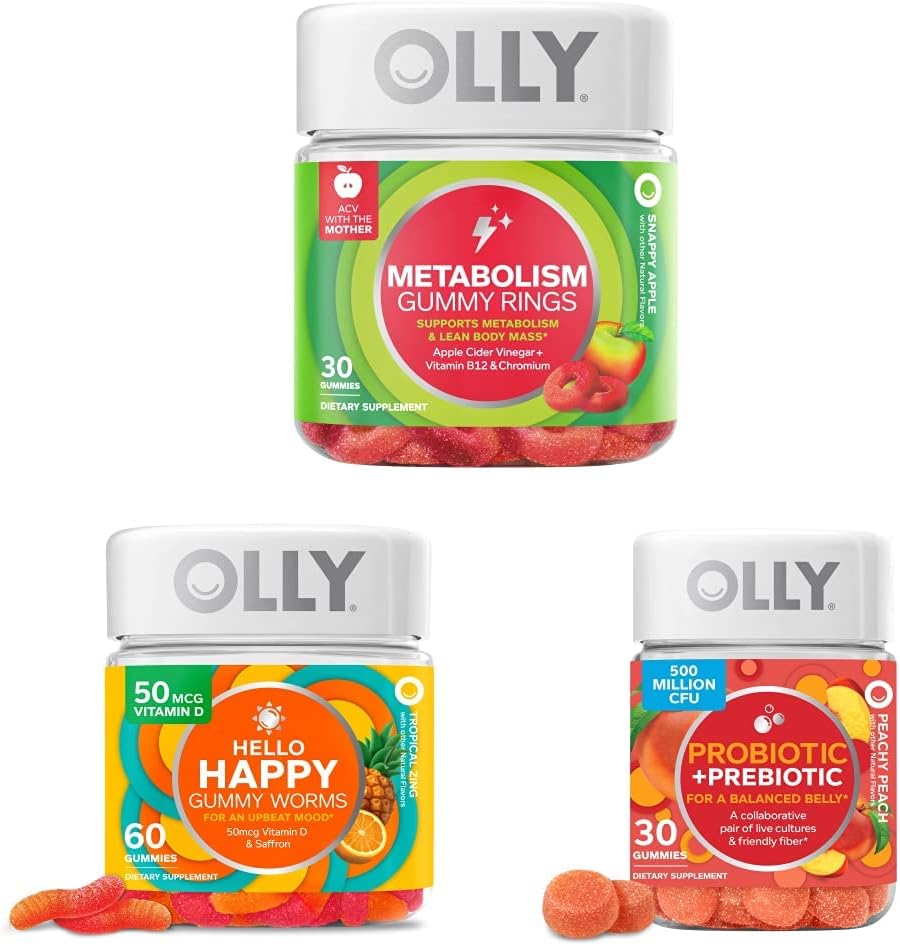 OLLY Μεταβολισμός Gummy Δαχτυλίδια, Apple Cider Ξίδι, Βιταμίνη Β12, Χρώμιο, Ενέργεια και Digestive Υγεία, Chewable συμπλήρωμα, Apple Γεύση - 30 Count and OLLY Γεια Happy Gummy Worms, Mood Balance Support, Vitamin D, Saffron, Adult Chewable συμπλήρωμα, Tropical Zing - 60 Count