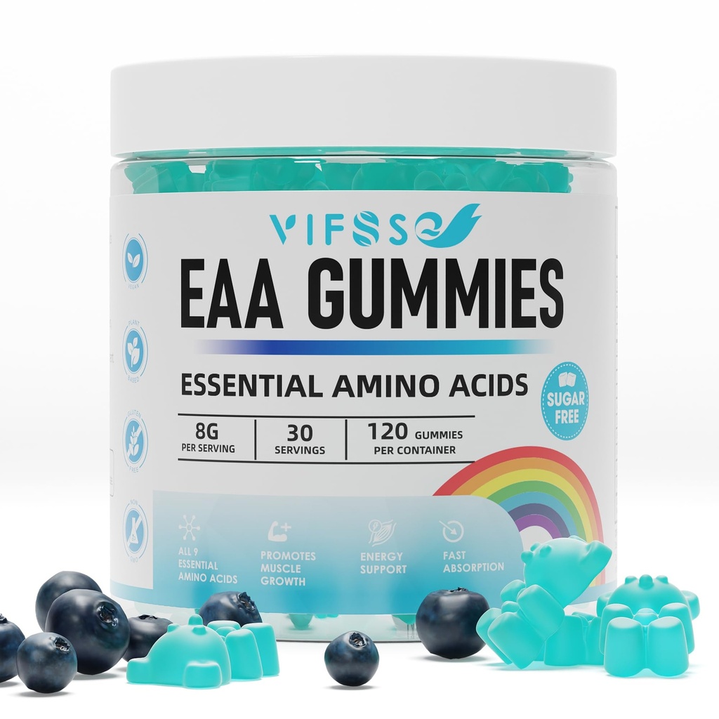 EAA Gummies 120 Gummies (Blue Raspberry), Essential Amino Acids - Όλα τα 9 Essential Aminos (EAA) και όλα τα Branched-Chain Aminos (BCAAs), μη-GMO, Χωρίς γλουτένη, Φιλικά χορτοφάγων