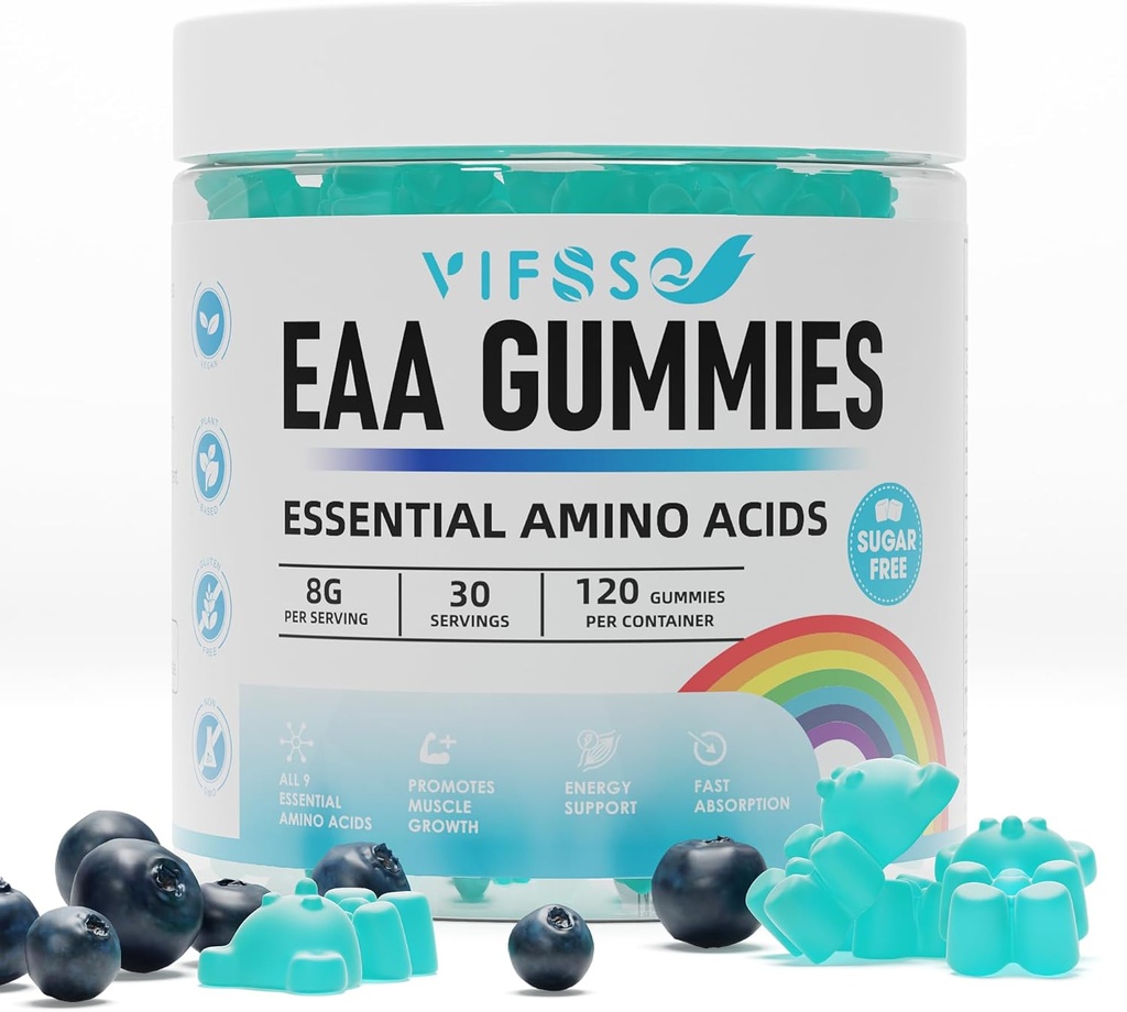 EAA Gummies 120 Gummies (Blue Raspberry), Essential Amino Acids - Όλα τα 9 Essential Aminos (EAA) και όλα τα Branched-Chain Aminos (BCAAs), μη-GMO, Χωρίς γλουτένη, Φιλικά χορτοφάγων