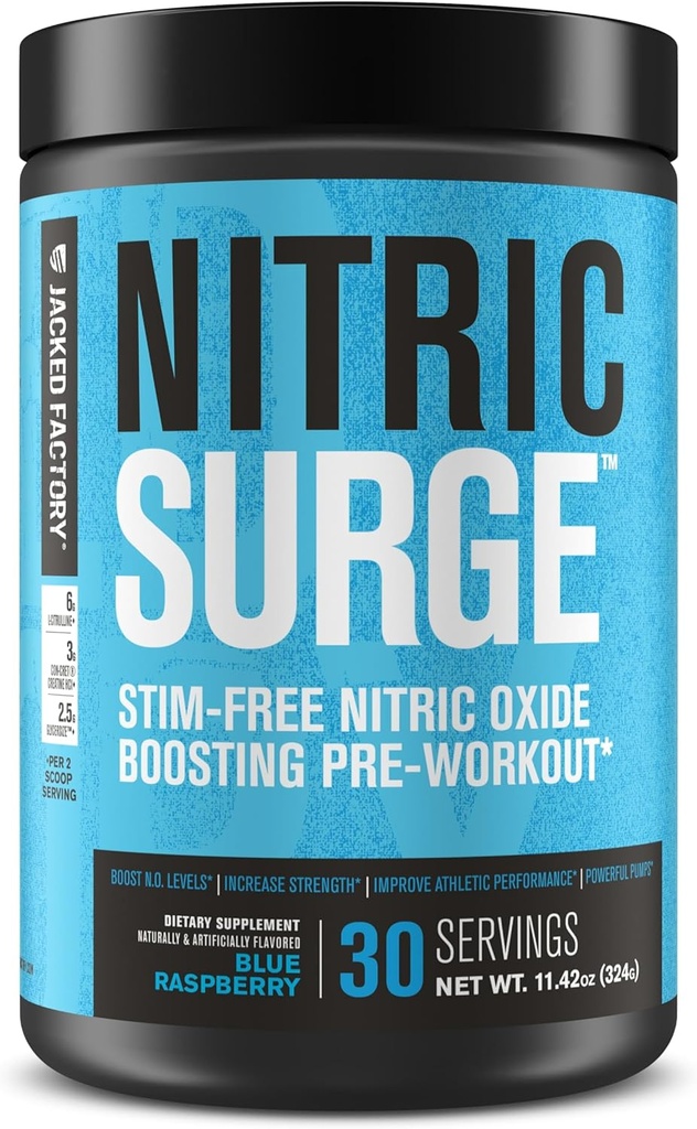 Jacked Εργοστάσιο Nitric Surge Stim Free Pre Workout Powder - Caffeine-free Συμπλήρωμα οξειδίου του αζώτου w/Con-Cret Creatine, L Citrulline, & GlycerSize Γλυκερόλη - Μπλε Βατόμουρο, 30 εξυπηρετούν