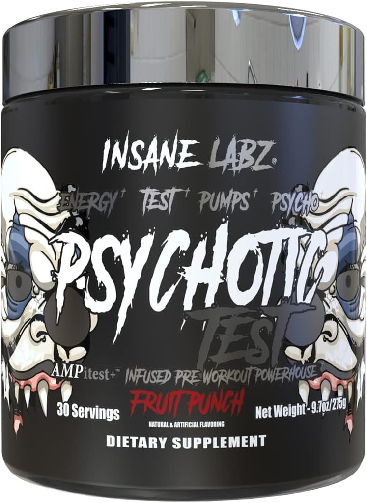 Insane Labz Psychotic Test, High Stim Testosterone Ενέργειας και αντλίας ενίσχυση πριν από την προπόνηση σκόνη με DMAE Bitartrate, D Ασπαρτικό οξύ, Creatine HCL και Glycerol Monostearate, 30 εξυπηρετούν, Fruit Punch
